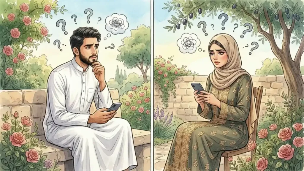 رجل وامرأة يفكران في أسئلة حول جلب الحبيب والتقرب من شخص معيّن