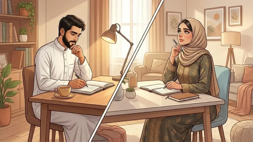 رجل وامرأة يدوّنان ملاحظاتهما قبل التواصل مع شيخ روحاني في مشهد تعبيري هادئ