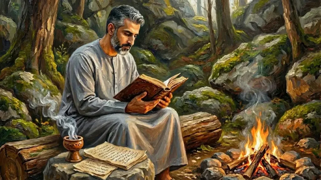 صورة تعبيرية لشيخ روحاني يجلس ويقرأ كتابًا في أجواء هادئة